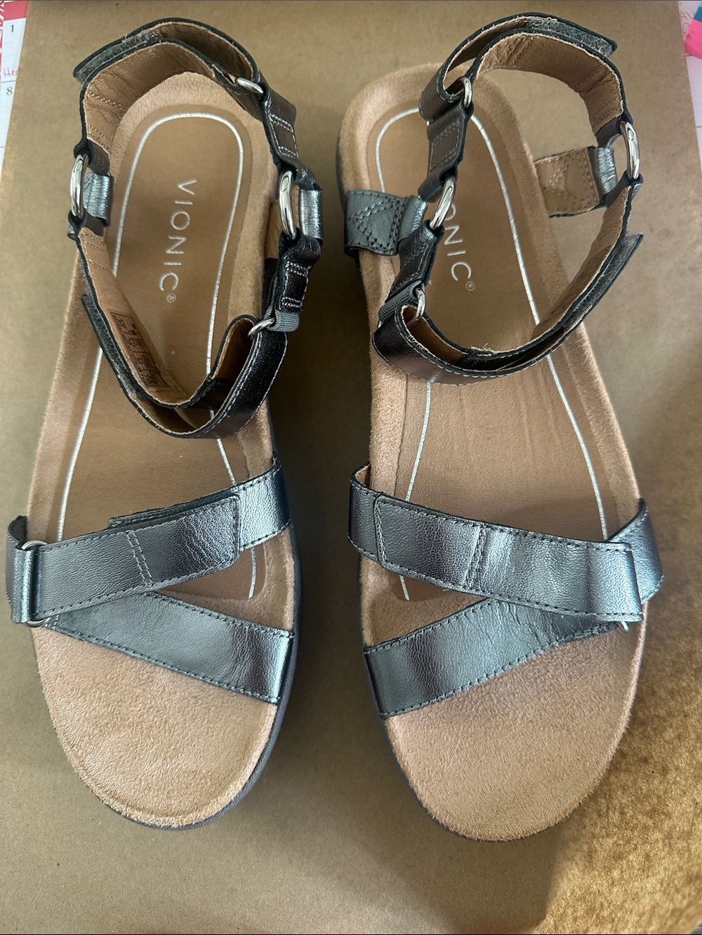 Vionic Metallic Charcoal Leather Ankle-Strap Wedge Sandals Size 9.5